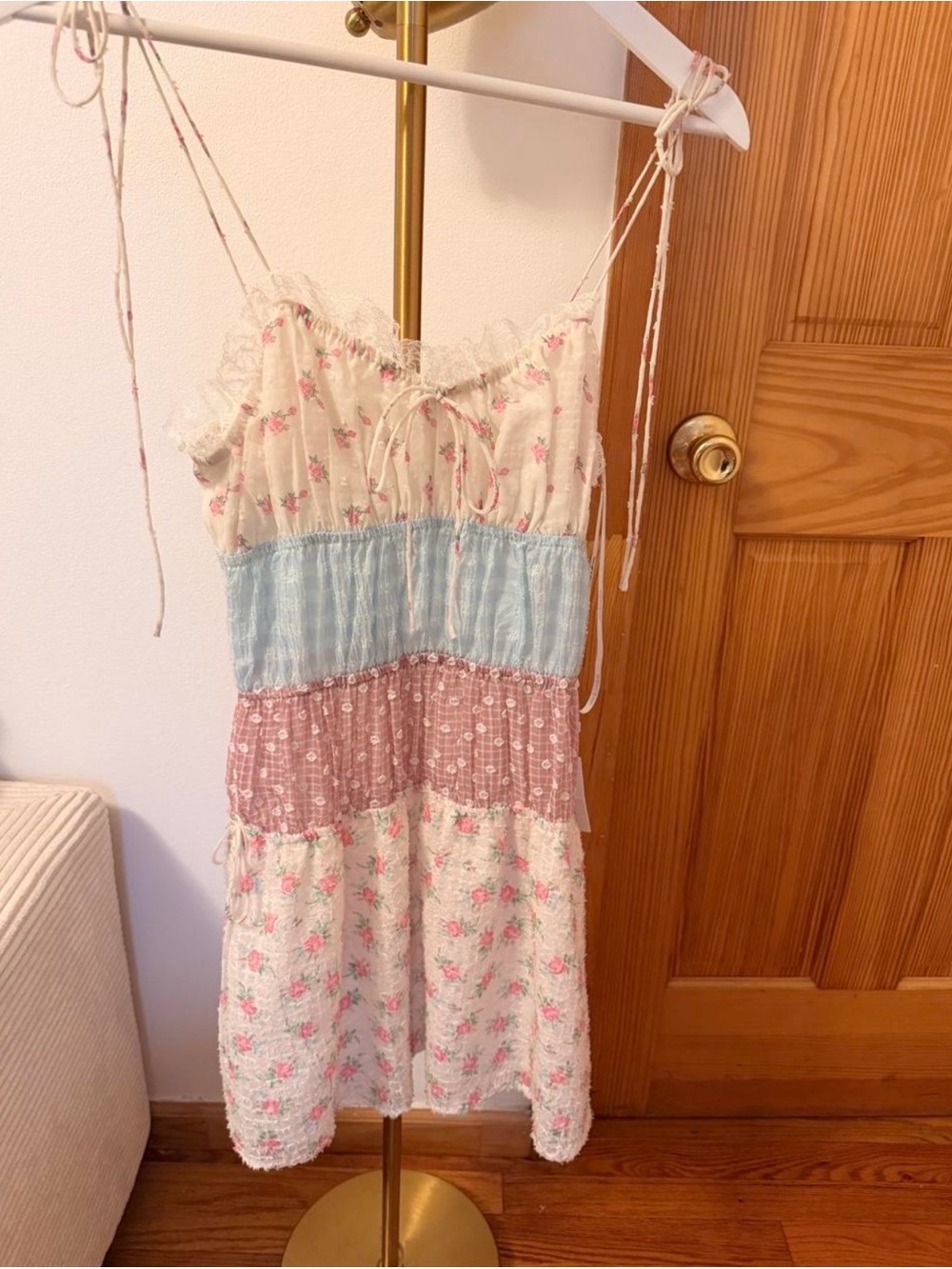 For Love And Lemons Cream, Pink and Blue Tiered Floral Mini Dress